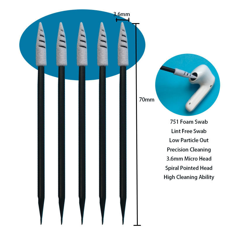 751 Lint Free Black Handle Spiral Pointed Car Cleaning Detailing Swab Foam Tip Cleanroom Swab for Headset Cleaning